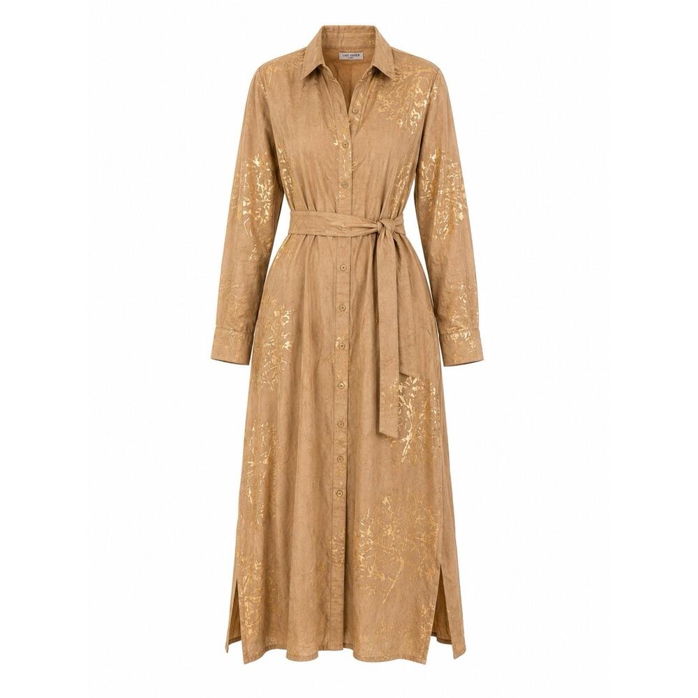 LAST QUEEN PARIS WOMENS S GOLD METALLIC CORAL PRINT MAXI SHIRT DRESS BELTED - Picture 2 of 10
